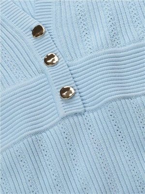 Women's Knit Fishtail Dress Summer Hollow Out Slim Waist Short Sleeve V-Neck Solid Long Dresses