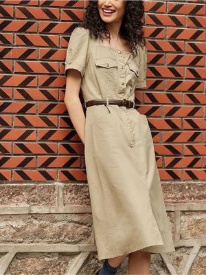 Women's Vintage Washed Fabric Midi Dress Square Neck Split Single Breasted Summer Fashion Work Dresses