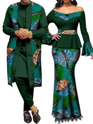 African Couple Outfits Women V-neck Top and Lace Skirts Match Men Dashiki Long Vest Shirt and Pants Sets Men XL 619