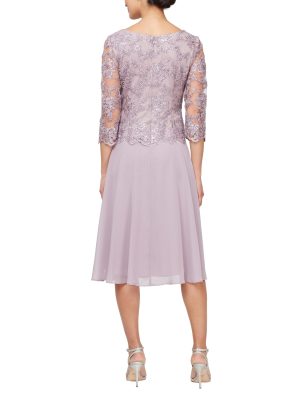 Women's Tea Length Embroidered Bodice Mother of The Bride Gown, Wedding Guest Dress (Petite and Regular Sizes)