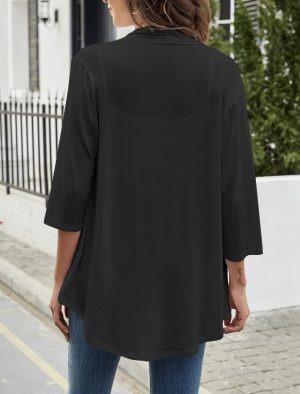 Women Cardigan 3/4 Sleeves Open Front Lightweight Cardigan Draped Ruffles Knit Cardigan