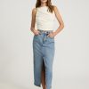 Women's High Waisted Medium Wash Front Slit Maxi Denim Skirt