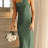 Women's 2025 Summer Midi Satin Dress One Shoulder Spaghetti Strap Backless Ruched Bodycon Dresses