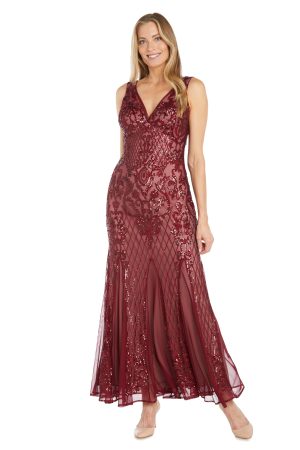 Beaded V-Neck Long Gown W/Mesh Contrast Insets & Sequin Embellishments