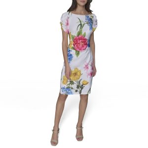 Women's Short Ruched Sleeve Jewel Neck Sheath Mini Dress