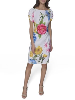 Women's Short Ruched Sleeve Jewel Neck Sheath Mini Dress