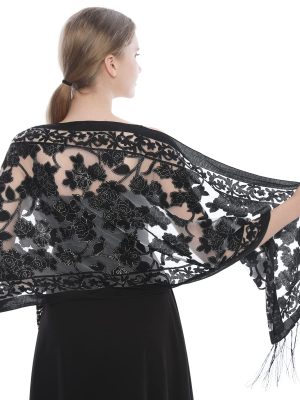 Women's Floral Lace Scarf Shawl with Tassels Soft Mesh Fringe Shawls and Wraps for Wedding Evening Party Dresses