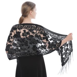 Women's Floral Lace Scarf Shawl with Tassels Soft Mesh Fringe Shawls and Wraps for Wedding Evening Party Dresses