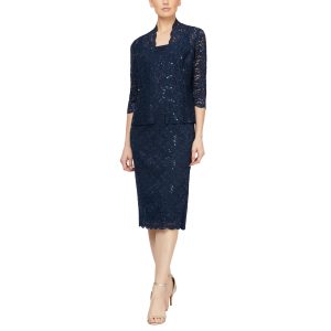 Women's Tea Length Sequin Lace Special Occasion Dress with Illusion Sleeve Jacket (Petite and Regular Sizes)