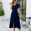 Long Black Formal Dresses for Women Gowns Evening Party Cocktail Dress,Split Elegant V Neck Wrap Ruffle Wedding Guest Dresses