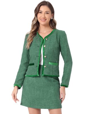 Business Suit Set for Women's 2 Piece Outfits Plaid Tweed Easter Short Blazer Jacket and Skirt Sets