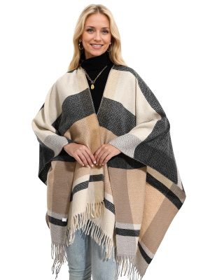 Shawl Wraps Gifts for Women,Warm Poncho Sweater,Tassels Open Front capes, Travel Christmas Gifts for Winter Fall