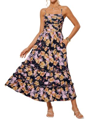 2025 Women's Summer Floral Maxi Dress Casual Sleeveless Ruffle Tiered Wedding Guest Flowy Dresses with Pockets