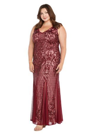 Beaded V-Neck Long Gown W/Mesh Contrast Insets & Sequin Embellishments