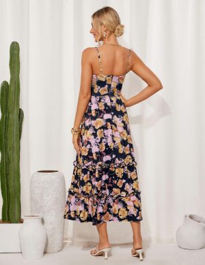 2025 Women's Summer Floral Maxi Dress Casual Sleeveless Ruffle Tiered Wedding Guest Flowy Dresses with Pockets