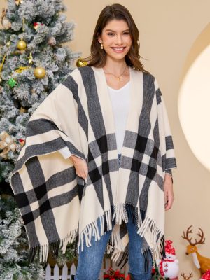 Women's Travel Plaid Shawl Wrap Open Front Poncho Cape for Fall Winter