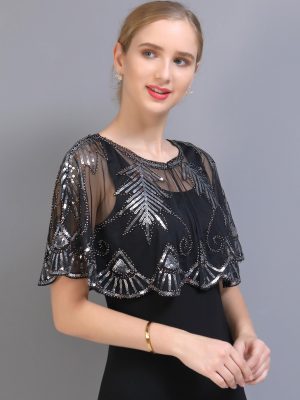 ZLTdream 1920s Shawl Sequin Lace Evening Cape Flapper Cover Up Bridal Shawl for Dress Party Wedding Halloween Harlem night