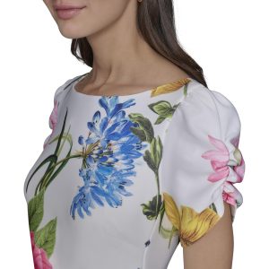 Women's Short Ruched Sleeve Jewel Neck Sheath Mini Dress